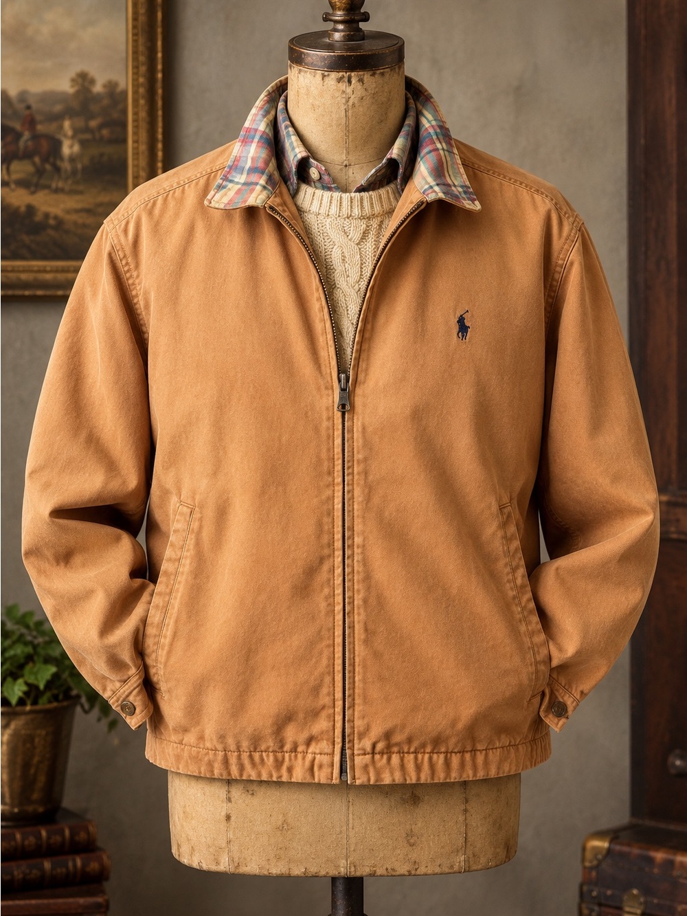 Vintage Polo Ralph Lauren Jacket Mens XL Cotton Plaid Collar Harrington